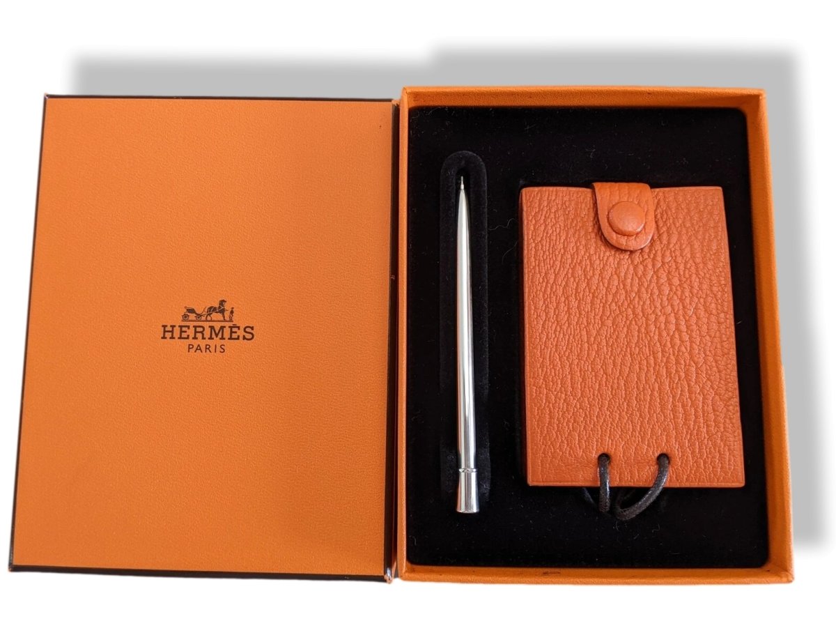 Hermes Orange Chevre Mysore Goat Leather Notepad Pendant with Silver Criterium Pencil, BNIB! - poupishop