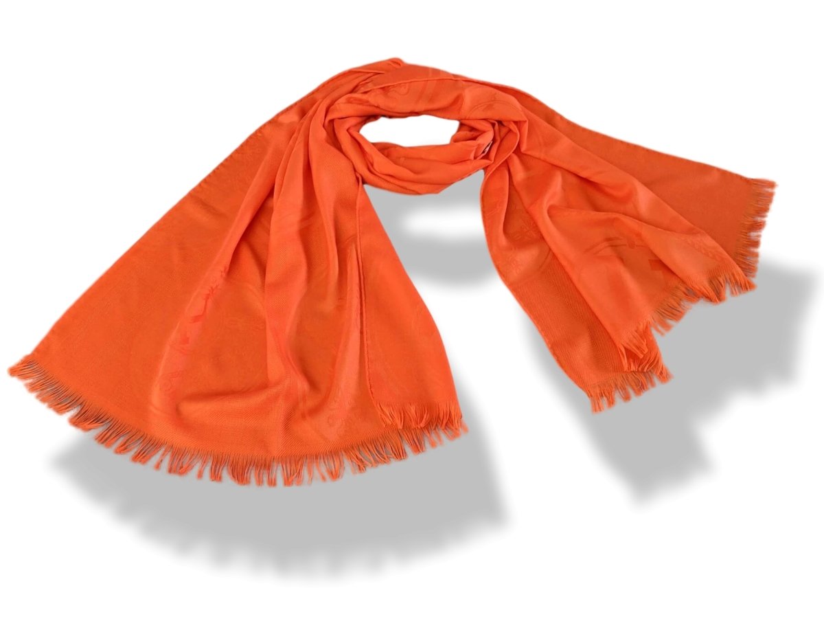 Hermes Orange Exotique ETOLE NEW LIBRIS CONFESSIONS D'EX-LIBRIS Muffler Fringed 85% Cashmere/15% Silk 75 x 210 cm, BNWT! - poupishop