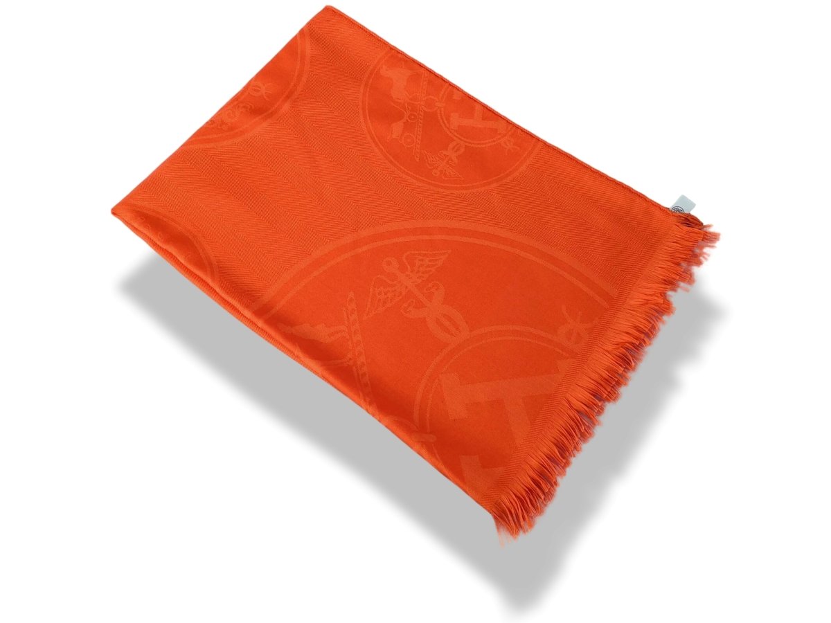 Hermes Orange Exotique ETOLE NEW LIBRIS CONFESSIONS D'EX-LIBRIS Muffler Fringed 85% Cashmere/15% Silk 75 x 210 cm, BNWT! - poupishop