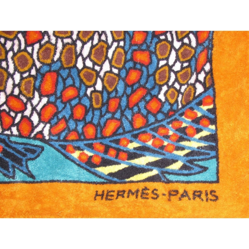 Hermes Orange Grands Fonds by Annie Faivre Cotton Terry Animal Print Fish Towel GM - poupishop