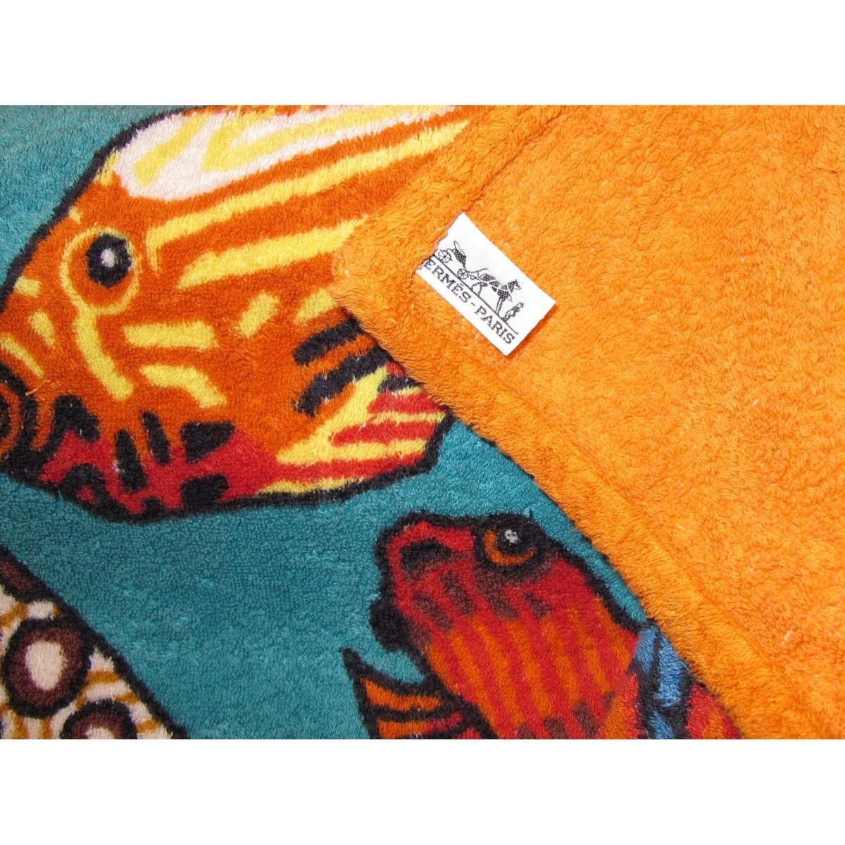Hermes Orange Grands Fonds by Annie Faivre Cotton Terry Animal Print Fish Towel GM - poupishop