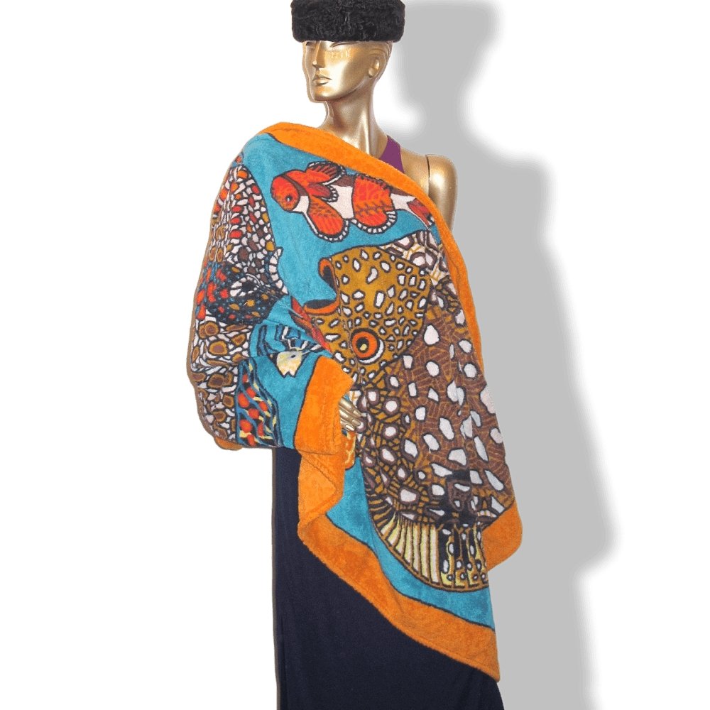Hermes Orange Grands Fonds by Annie Faivre Cotton Terry Animal Print Fish Towel GM - poupishop
