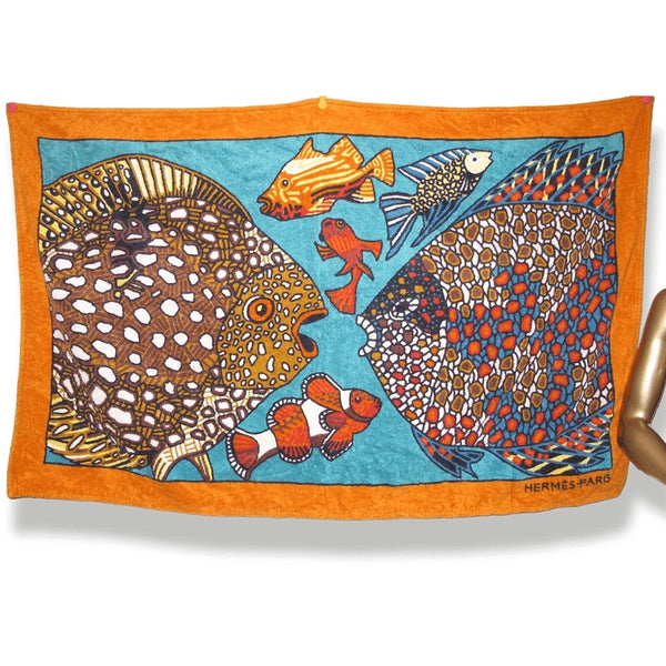 Hermes Orange Grands Fonds by Annie Faivre Cotton Terry Animal Print Fish Towel GM - poupishop
