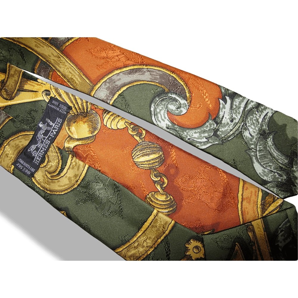 Hermes Orange Green Gold Instruction du Roy Printed Jacquard Silk Tie, Box! - poupishop