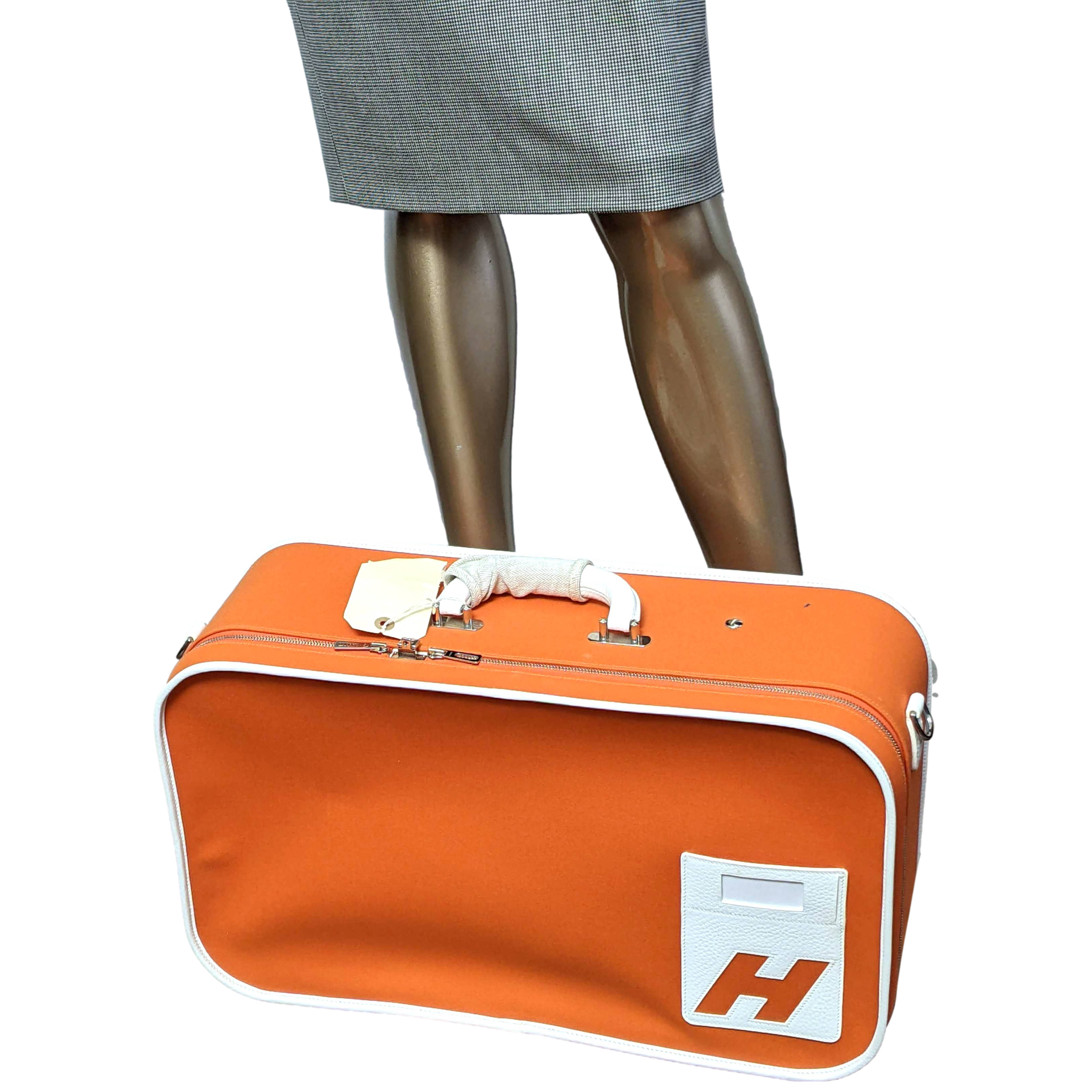 Hermes 2009 Orange/White "Suitcase H" Valise Toile Orange et Cuir Clemence Blanc PHW