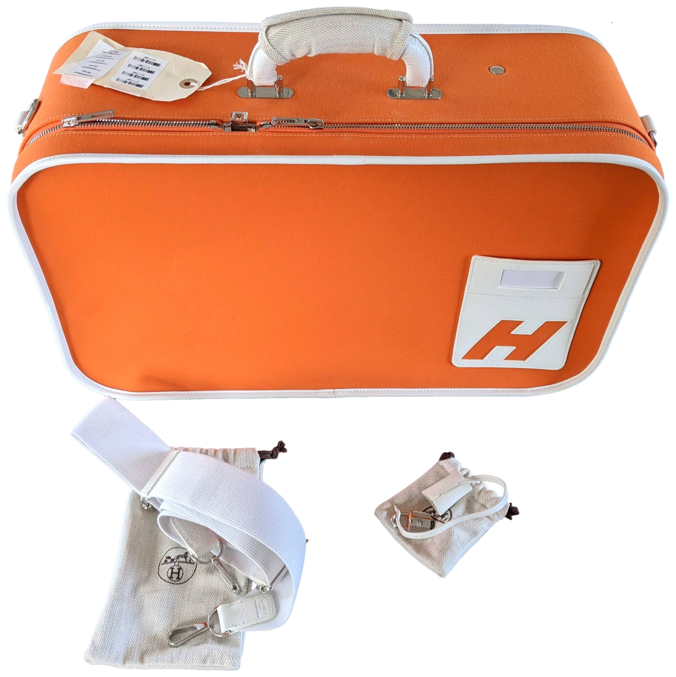 Hermes 2009 Orange/White "Suitcase H" Valise Toile Orange et Cuir Clemence Blanc PHW