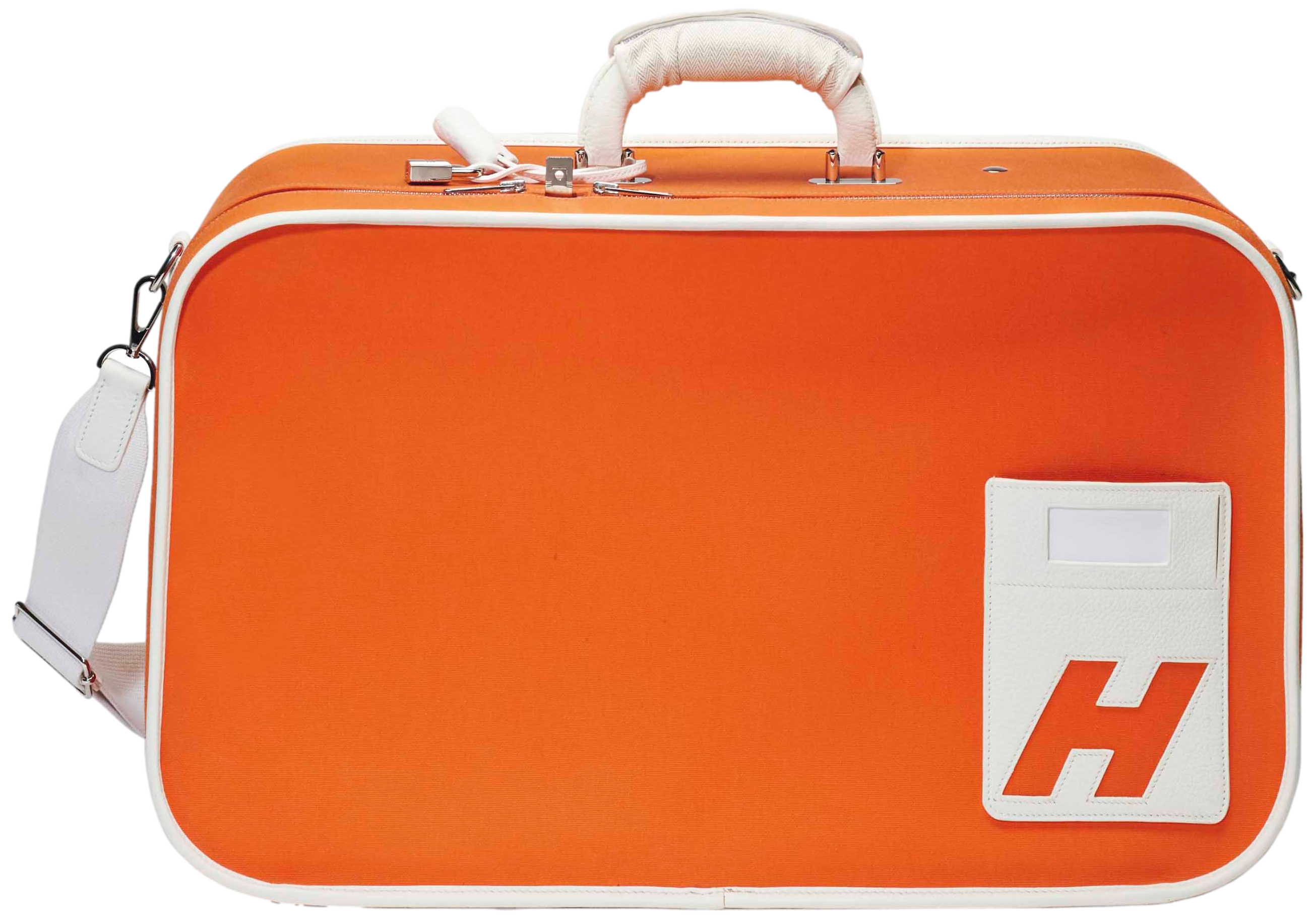 Hermes 2009 Orange/White "Suitcase H" Valise Toile Orange et Cuir Clemence Blanc PHW
