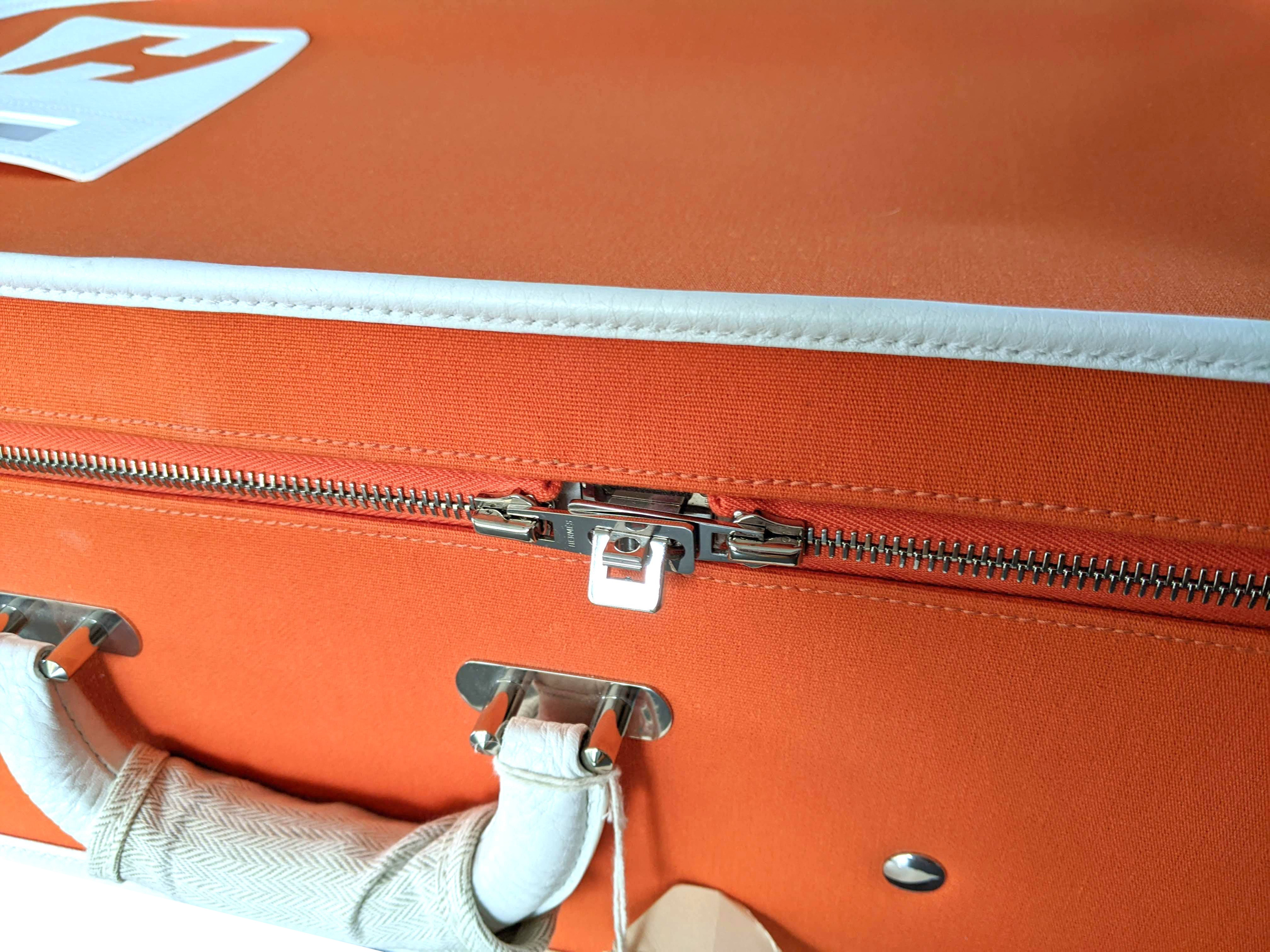 Hermes 2009 Orange/White "Suitcase H" Valise Toile Orange et Cuir Clemence Blanc PHW
