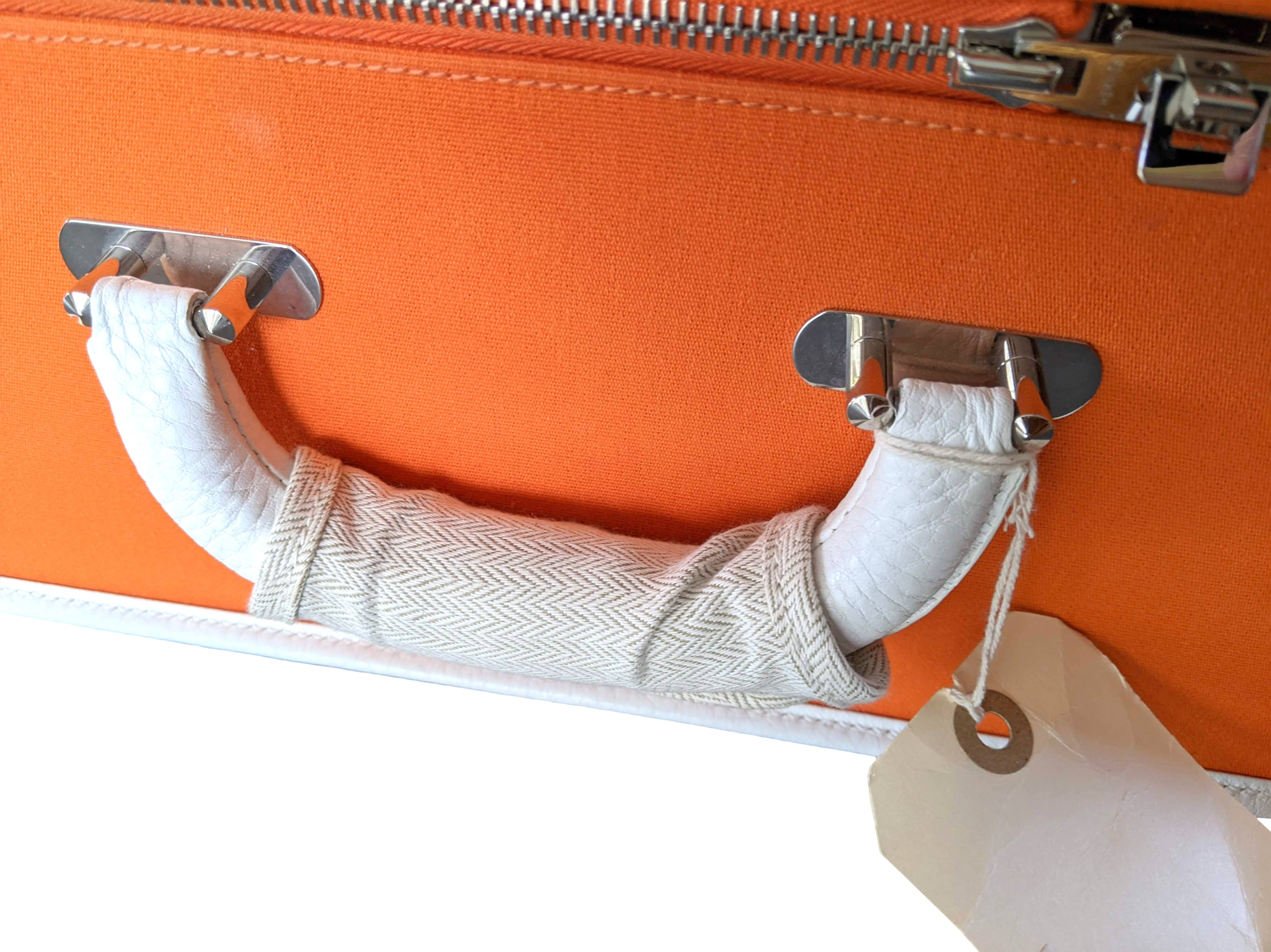 Hermes 2009 Orange/White "Suitcase H" Valise Toile Orange et Cuir Clemence Blanc PHW