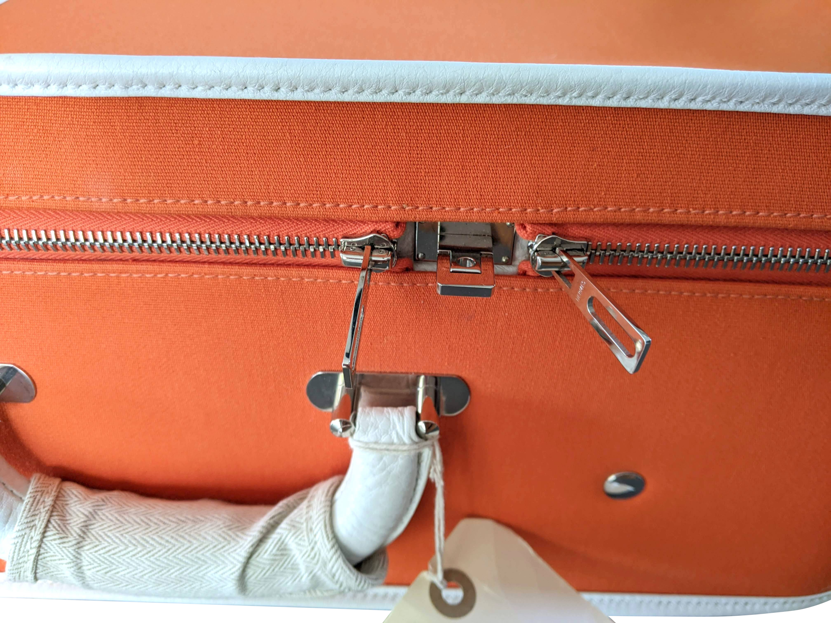 Hermes 2009 Orange/White "Suitcase H" Valise Toile Orange et Cuir Clemence Blanc PHW