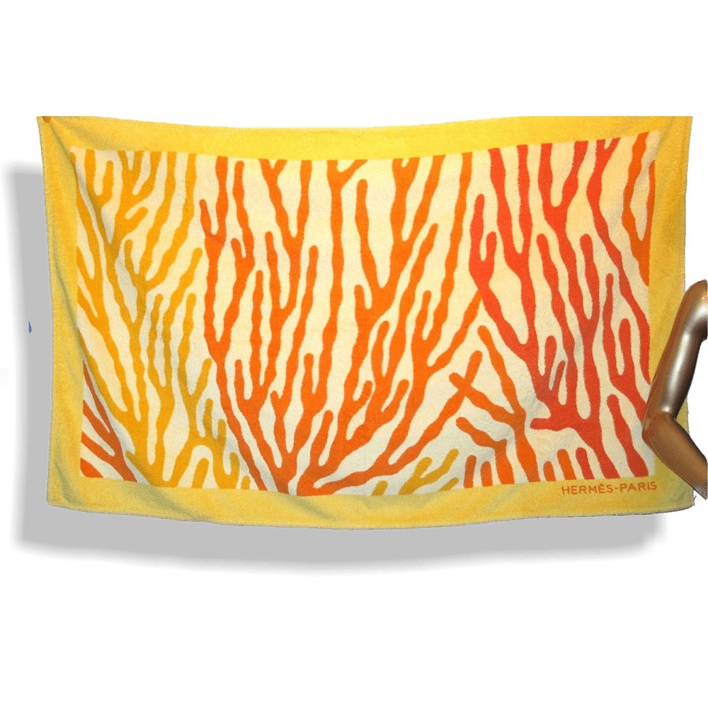Hermes Orange Yellow FONDS MARINS Cotton Terry Coral Beach Towel, Mint! - poupishop