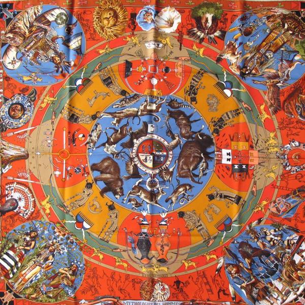 Hermes Orange/Blue Mythologies des Hommes Rouges Blanc Matte Overlay Twill 90cm, Box! - poupishop