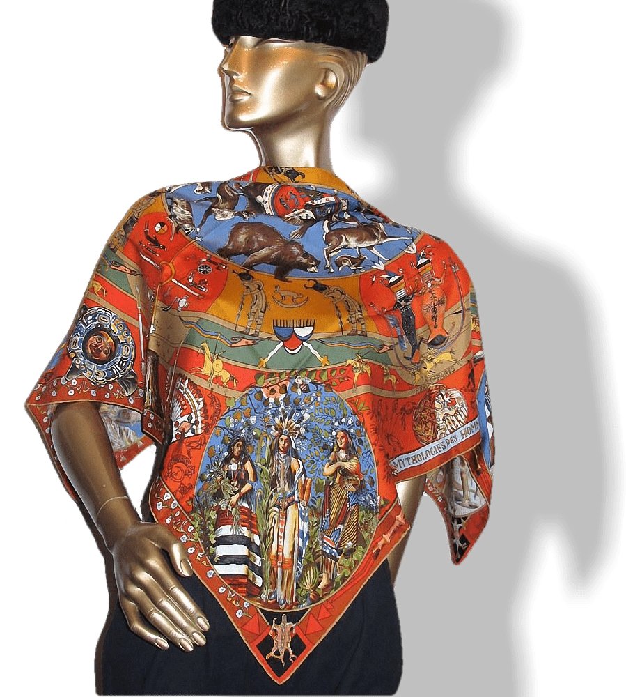 Hermes Orange/Blue Mythologies des Hommes Rouges Blanc Matte Overlay Twill 90cm, Box! - poupishop