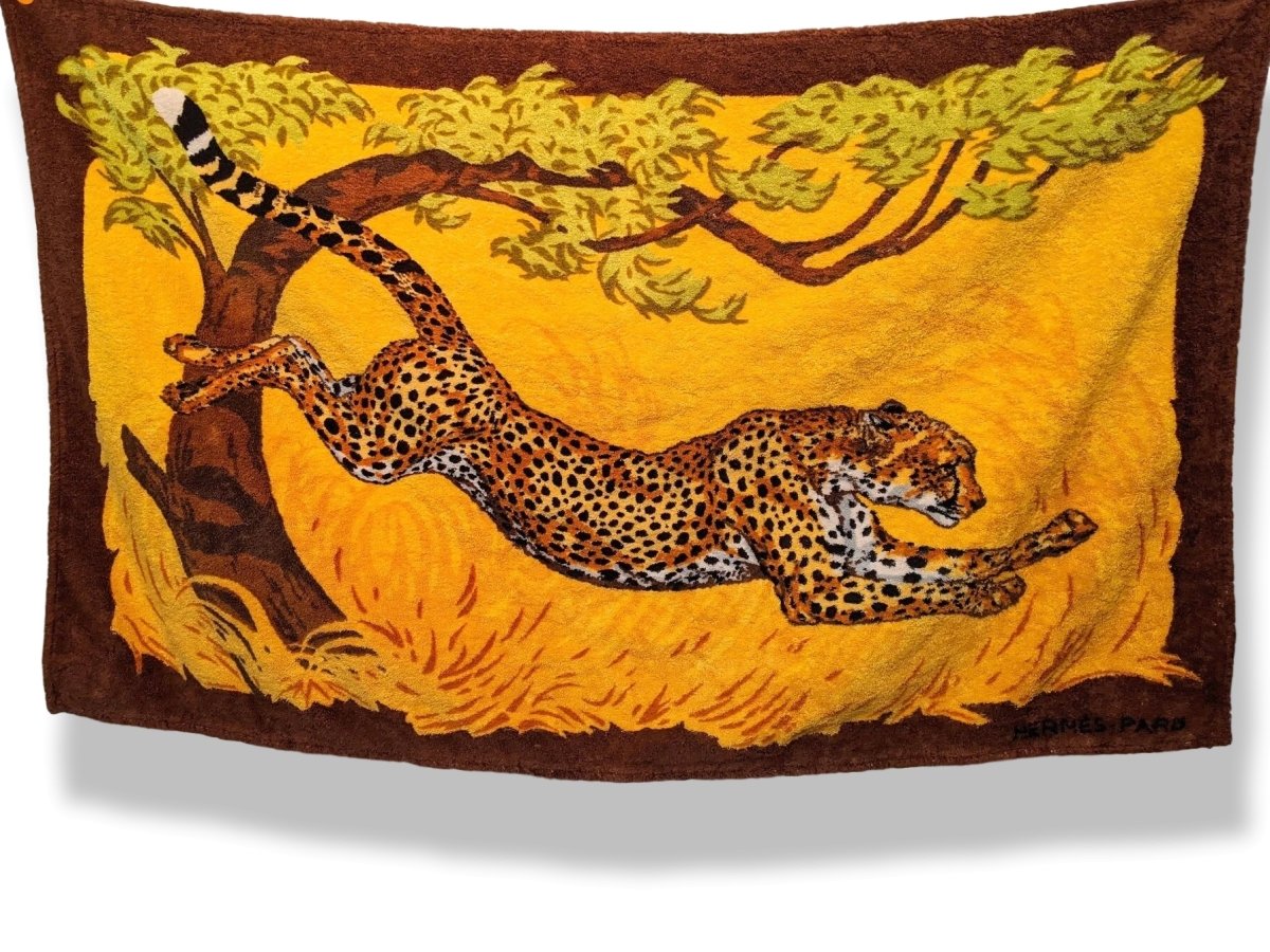 Hermes Orange/Brown LES GUEPARDS by Robert Dallet Tapis de Plage Terry Beach Towel 150 x 90cm cm - poupishop