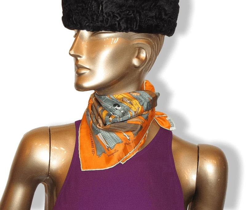 Hermes Orange/Celadon/Grey LES SPORTIVES Twill Silk Pocket Scarf Gavroche 42cm, New! - poupishop