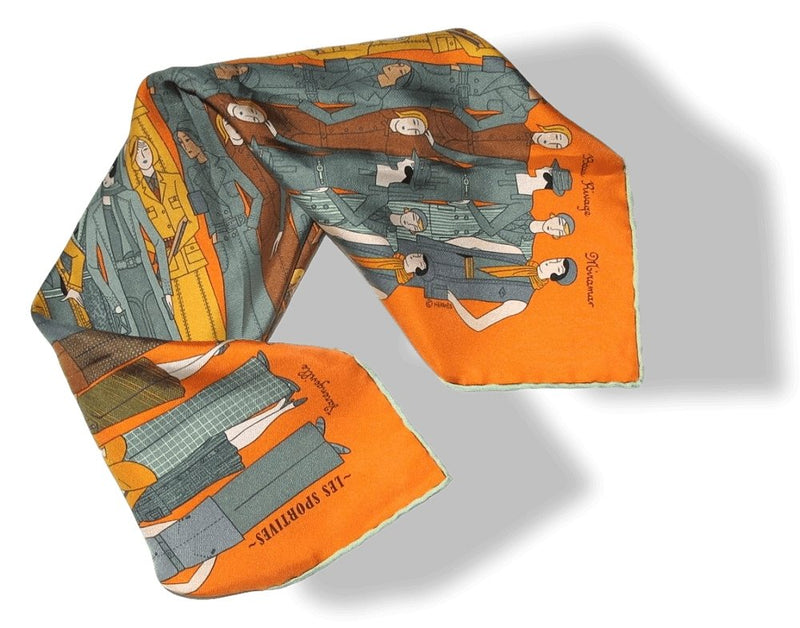 Hermes Orange/Celadon/Grey LES SPORTIVES Twill Silk Pocket Scarf Gavroche 42cm, New! - poupishop