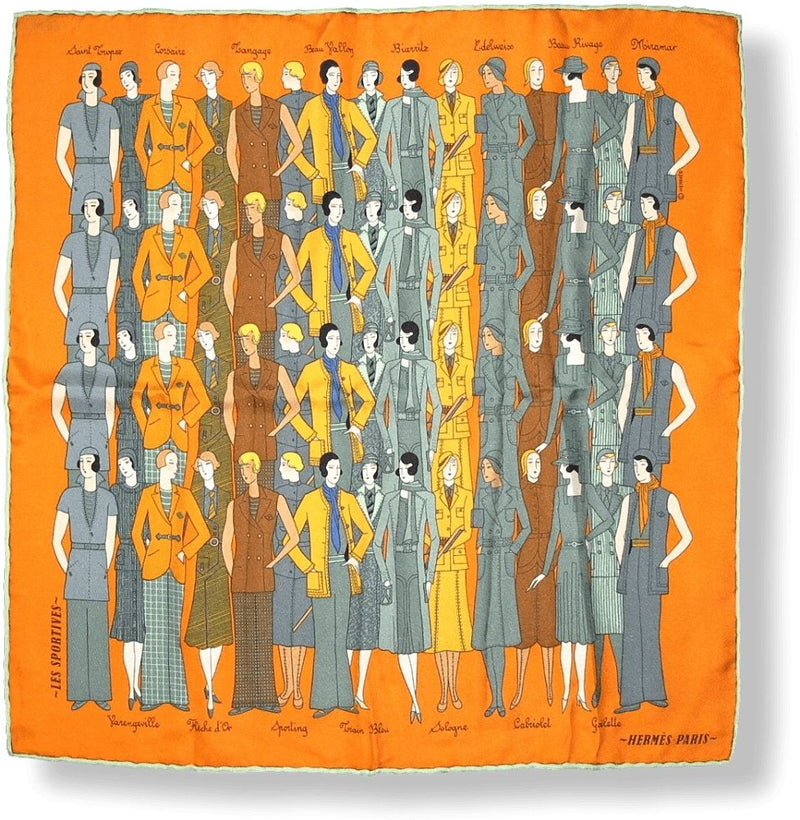 Hermes Orange/Celadon/Grey LES SPORTIVES Twill Silk Pocket Scarf Gavroche 42cm, New! - poupishop