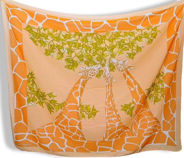 Hermes Orange/Green Oversize Giraffe Print Scarf Pareo LES GIRAFES in Muslin of Cotton, Rare in Box!