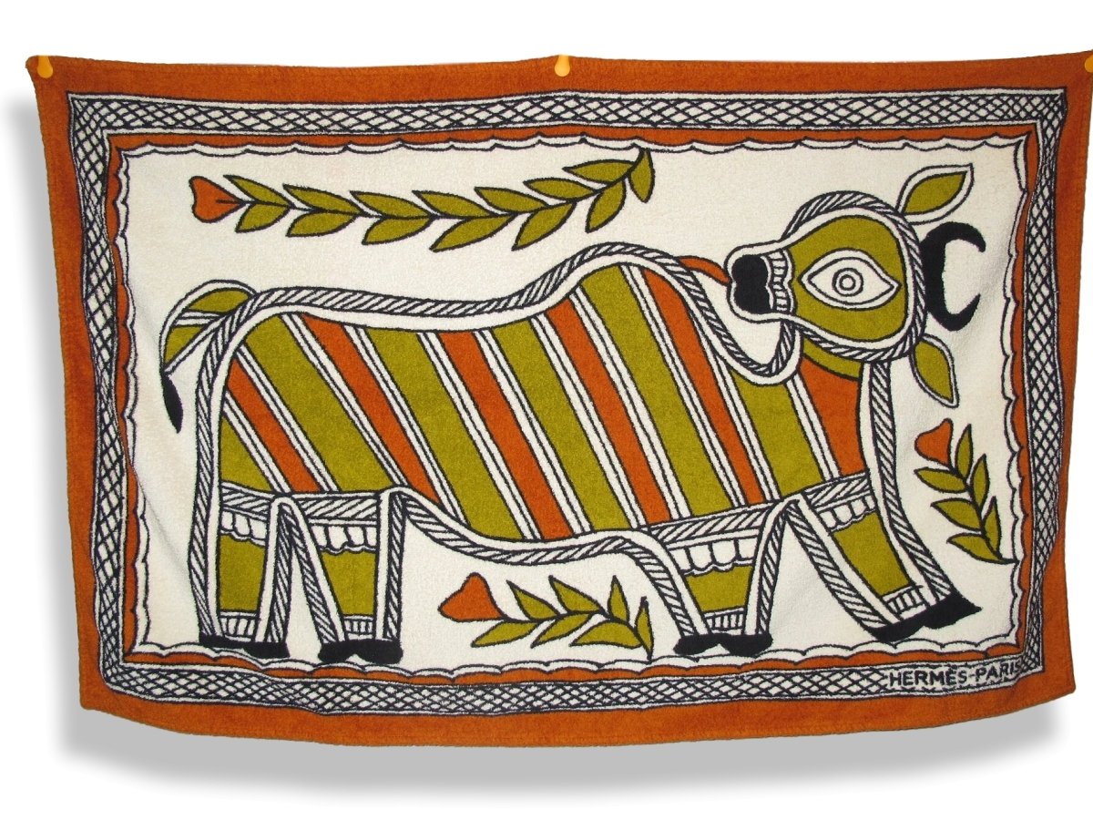 Hermes Orange/Olive/Black TAUREAU Taurus Tapis de Plage Terry Beach Towel 150 x 90cm cm, Mint! - poupishop