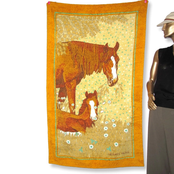 Hermes Orange/Pale Yellow/Brown THE MARE AND HER FOAL Cotton Terry Animal Horses Beach Towel GM - poupishop