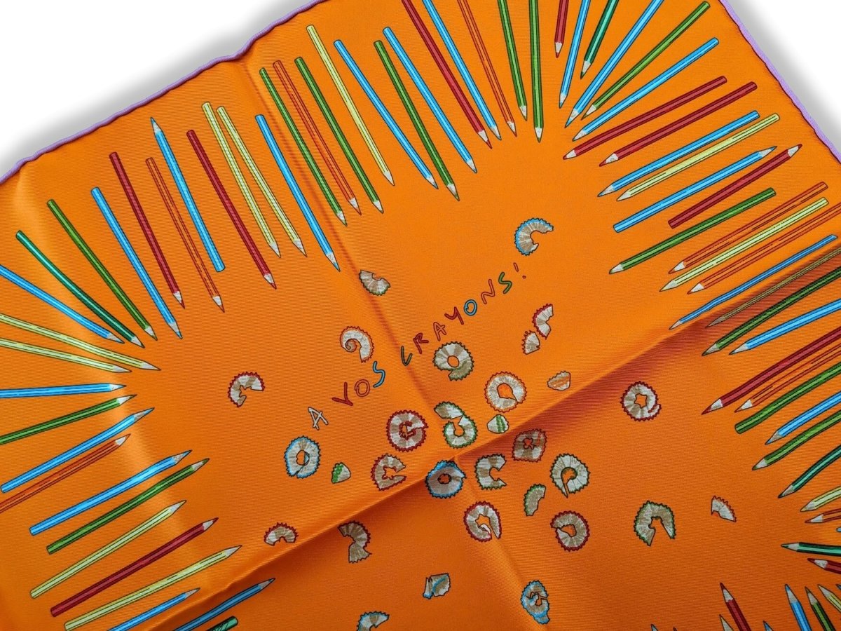 Hermes Orange/Vert/Mauve A VOS CRAYONS Twill Gavroche Pocket Scarf 45 cm, BNWT! - poupishop