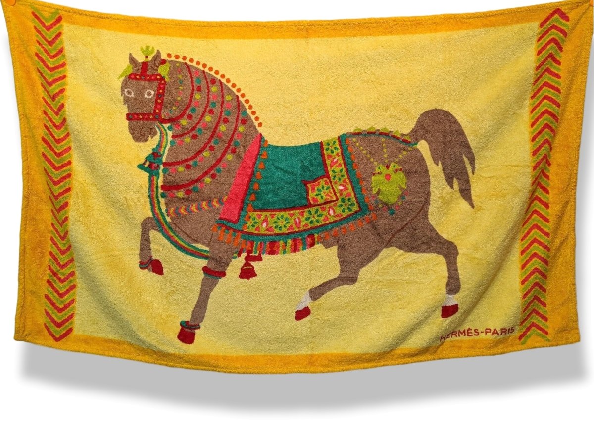 Hermes Orange/Yellow/Green CHEVAL Horse Tapis de Plage Terry Beach Towel 150 x 90cm cm - poupishop