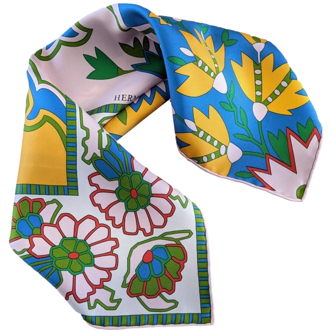 Hermes 2O19 Special Issue Rose/Jaune/Bleu "Paisley from Paisley" Twill Gavroche 45cm