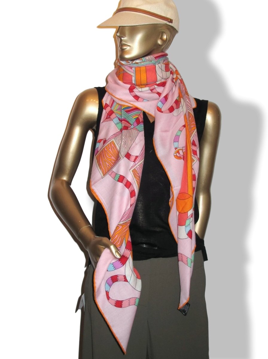 Hermes Pale Pink, Orange, Green POINT D'ORGUE by Pierre Marie Cashmere Shawl 140, New! - poupishop