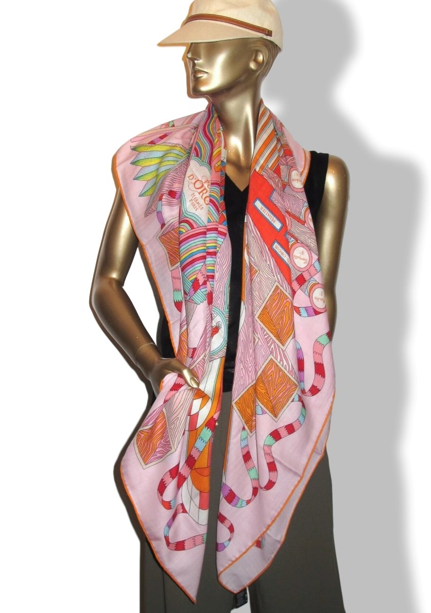 Hermes Pale Pink, Orange, Green POINT D'ORGUE by Pierre Marie Cashmere Shawl 140, New! - poupishop