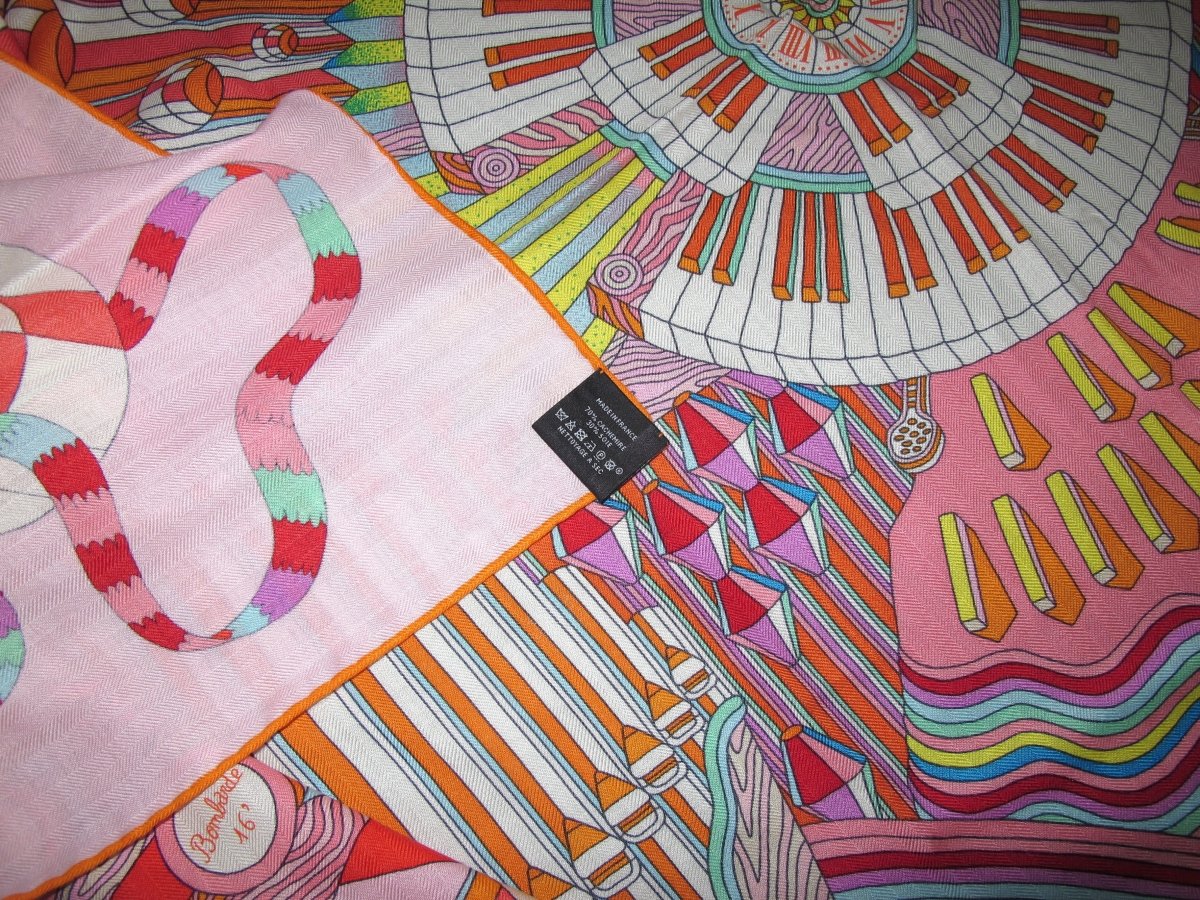 Hermes Pale Pink, Orange, Green POINT D'ORGUE by Pierre Marie Cashmere Shawl 140, New! - poupishop