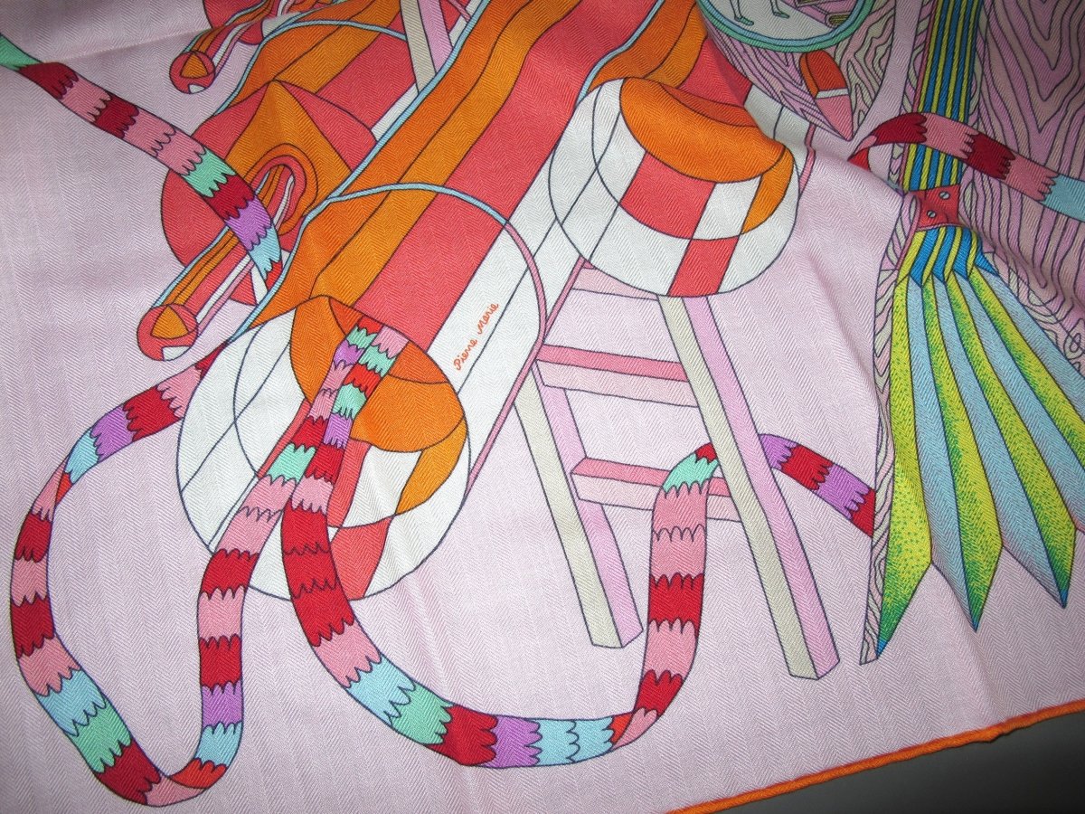 Hermes Pale Pink, Orange, Green POINT D'ORGUE by Pierre Marie Cashmere Shawl 140, New! - poupishop