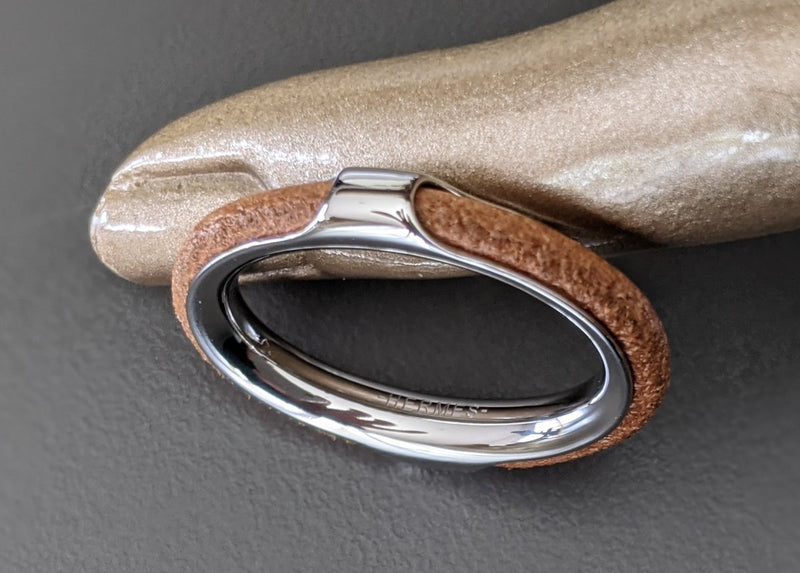 Hermes Palladium/Leather ANNEAU FOULARD KYOTO GM Scarf Ring, New! - poupishop