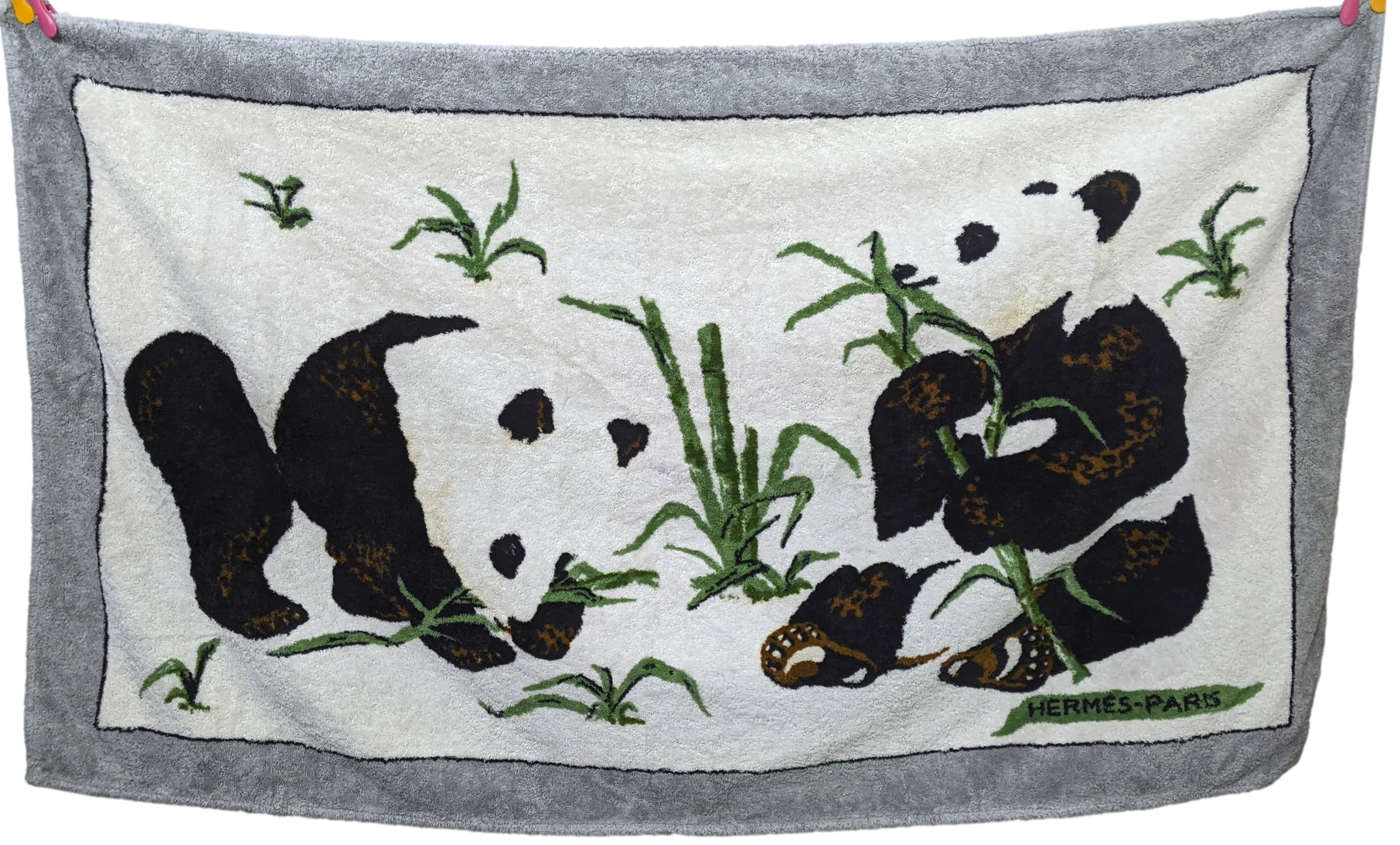 Hermes Gris/Noir/Blanc B/W "Pandas Eating Bambou" Terry Beach Towel 150 x 90 cm