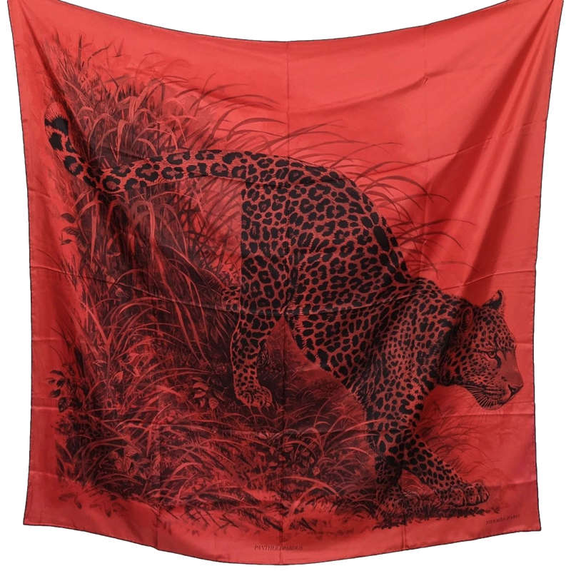Hermes 2016 Rouge PANTHERA PARDUS by Robert Dallet 100% Plume Silk Twill Giant Scarf 140