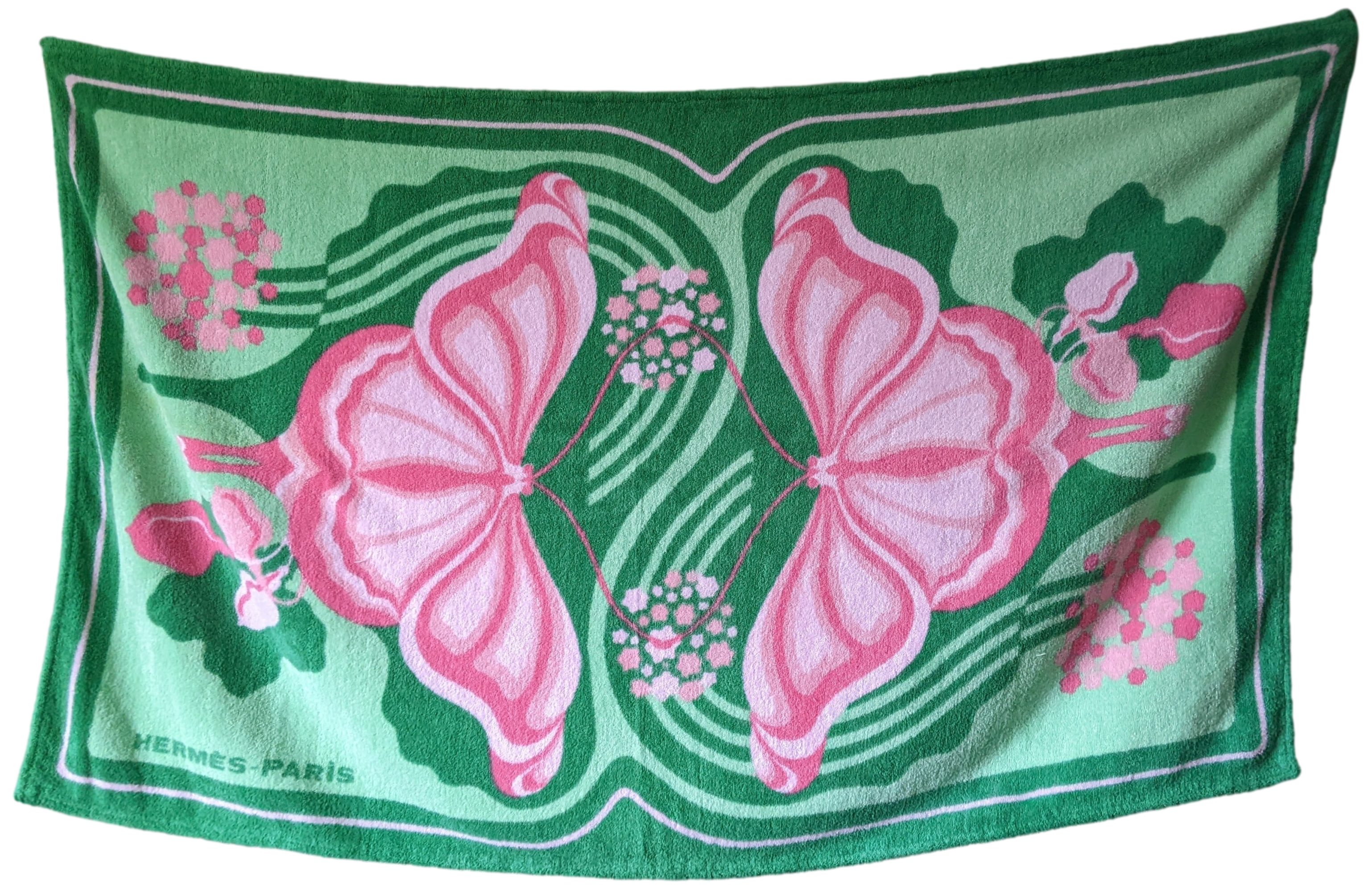 HERMES Vert/Rose PAPILLON Terry Cotton Beach Towel 90 x 150 cm