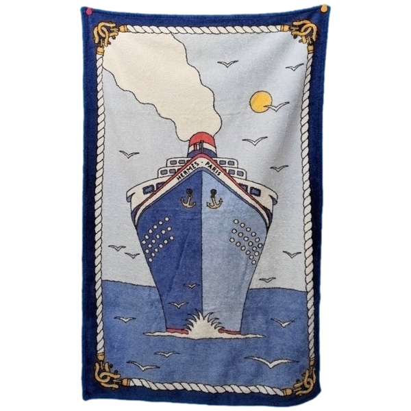 Hermes Vintage Blue/Baby Blue Boat "Paquebot" Print Terry Cotton Beach Towel