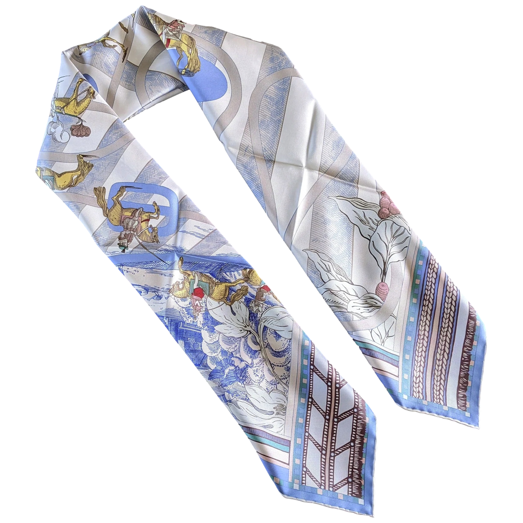 Hermes [C205] Creme/Vert/Rose "Passades et Serpentines" by Virginie Jamin Double Face Twill Scarf 90 cm