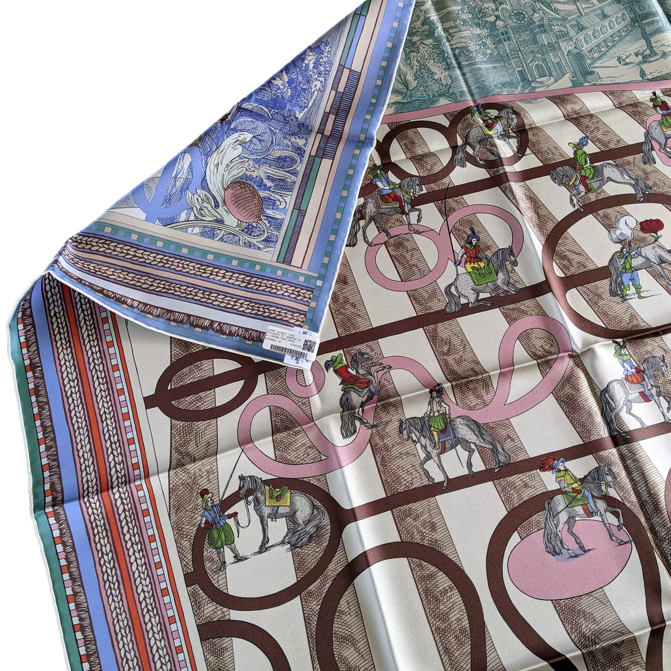 Hermes [C205] Creme/Vert/Rose "Passades et Serpentines" by Virginie Jamin Double Face Twill Scarf 90 cm