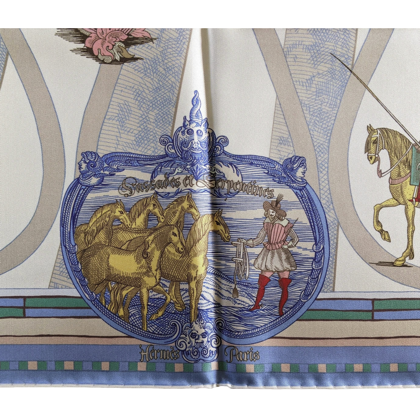 Hermes [C205] Creme/Vert/Rose "Passades et Serpentines" by Virginie Jamin Double Face Twill Scarf 90 cm