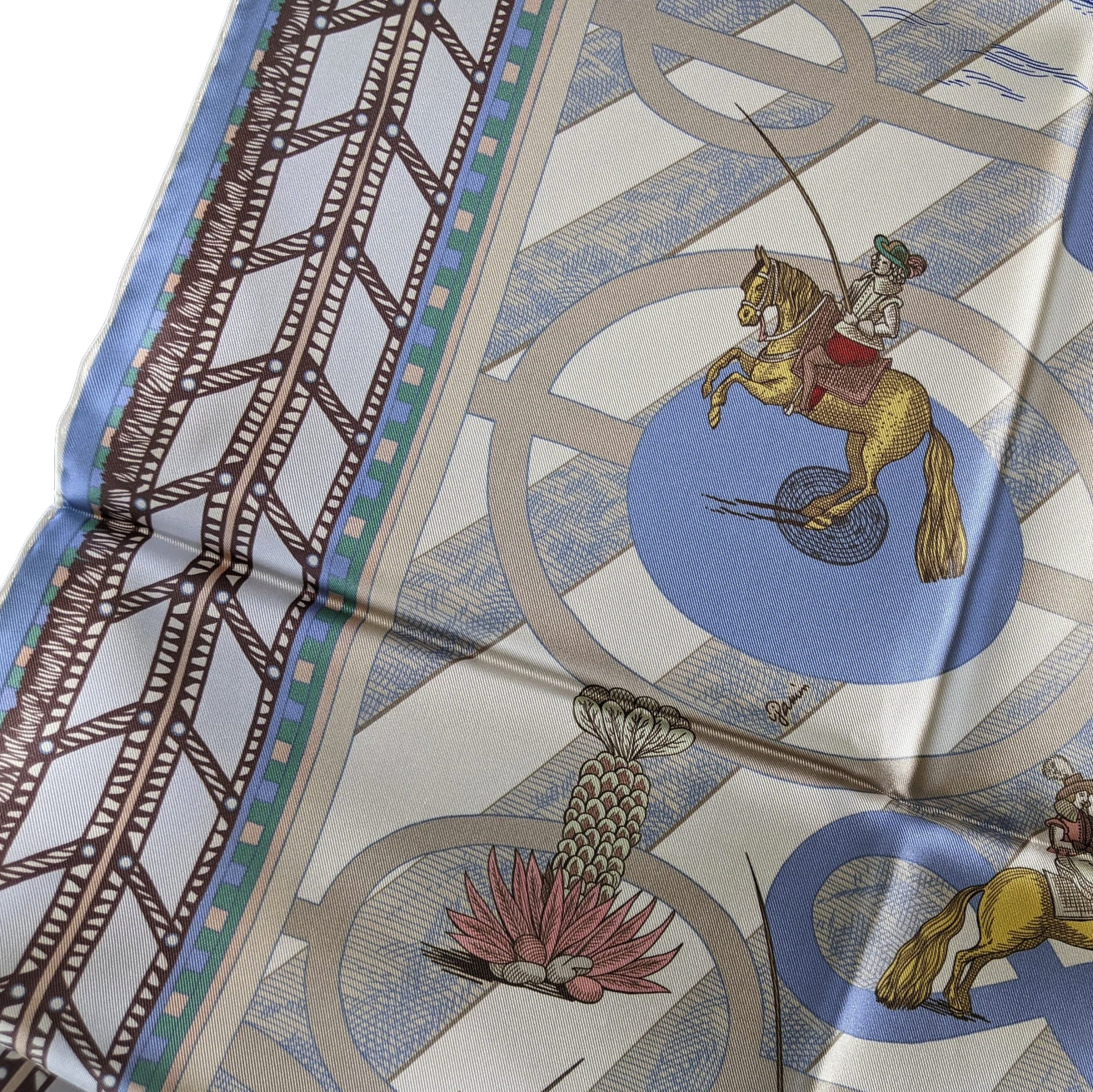 Hermes [C205] Creme/Vert/Rose "Passades et Serpentines" by Virginie Jamin Double Face Twill Scarf 90 cm