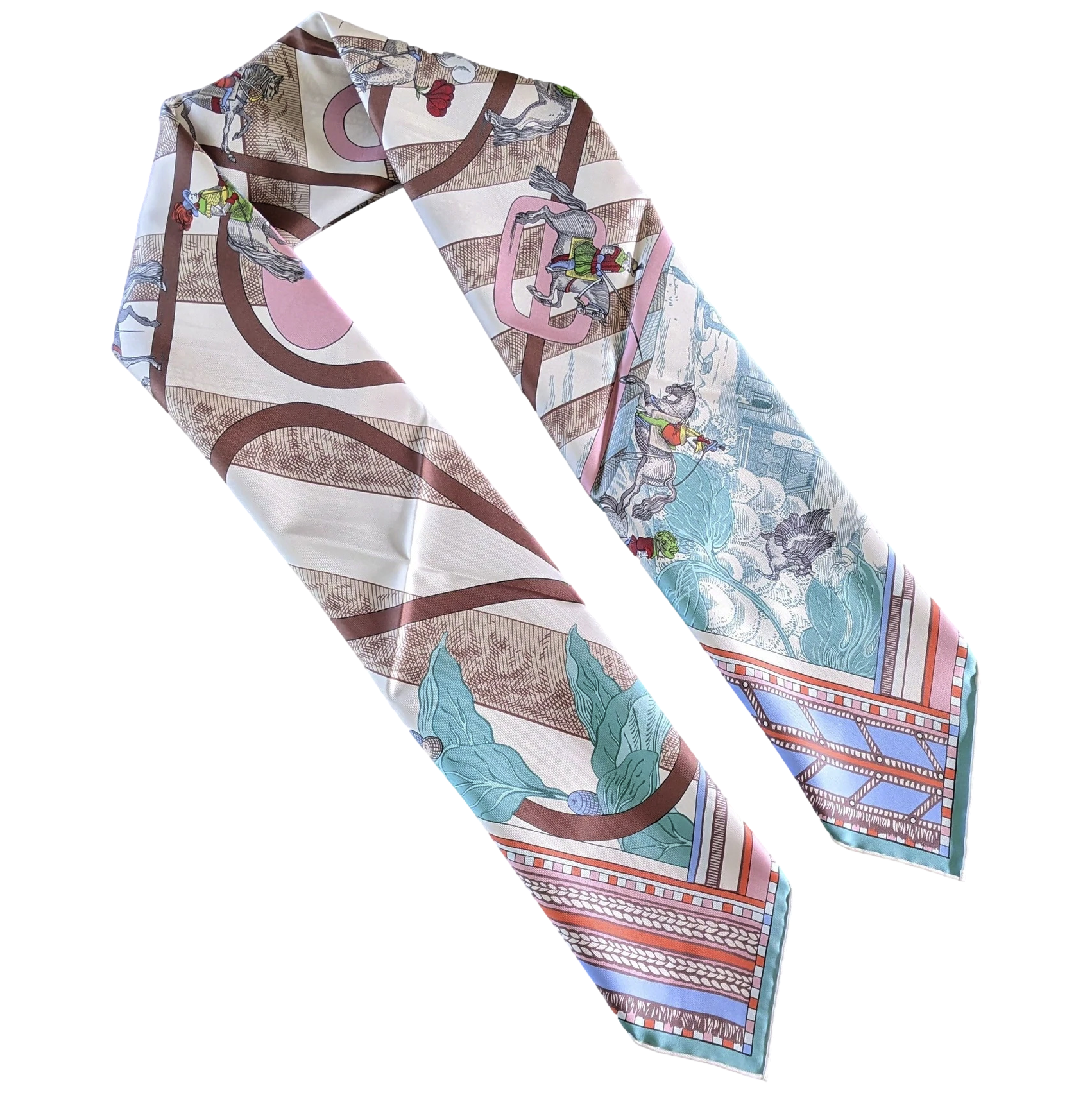 Hermes [C205] Creme/Vert/Rose "Passades et Serpentines" by Virginie Jamin Double Face Twill Scarf 90 cm