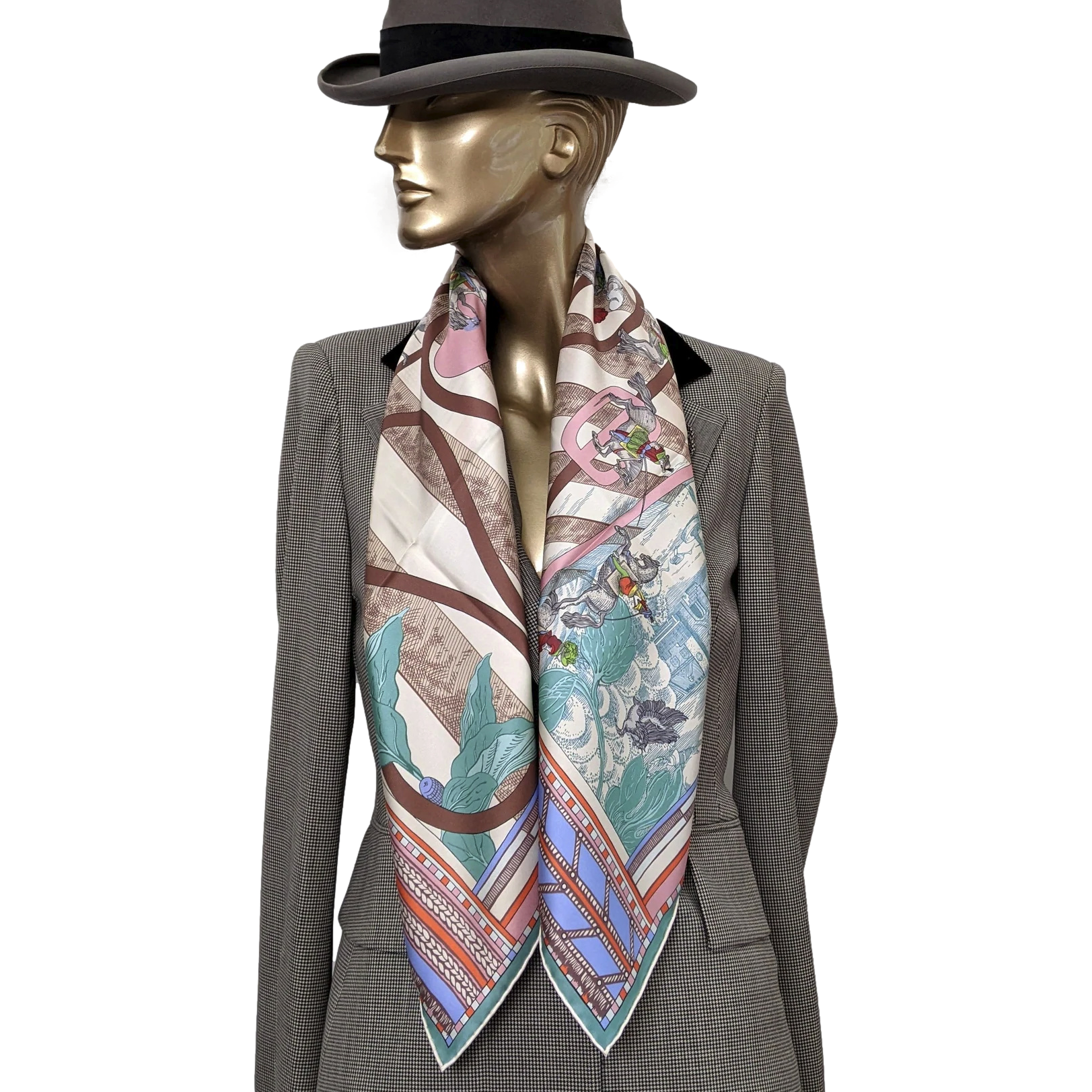 Hermes [C205] Creme/Vert/Rose "Passades et Serpentines" by Virginie Jamin Double Face Twill Scarf 90 cm
