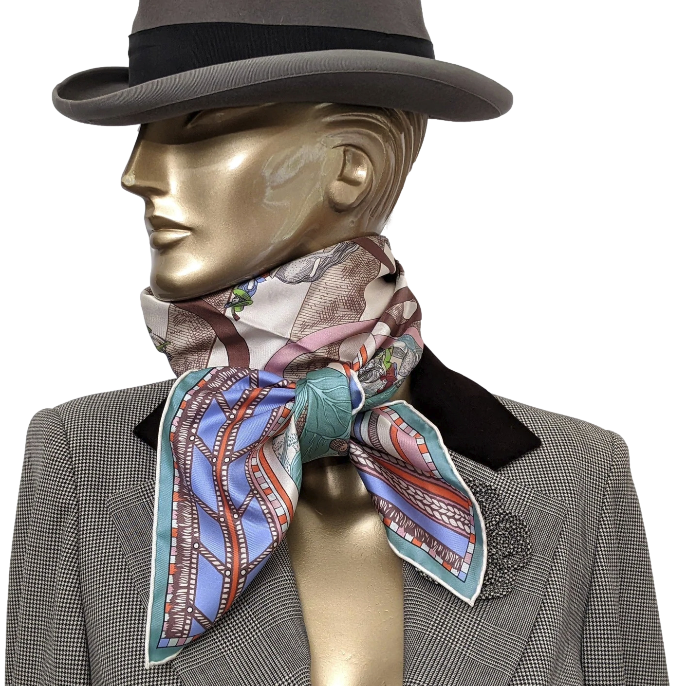 Hermes [C205] Creme/Vert/Rose "Passades et Serpentines" by Virginie Jamin Double Face Twill Scarf 90 cm