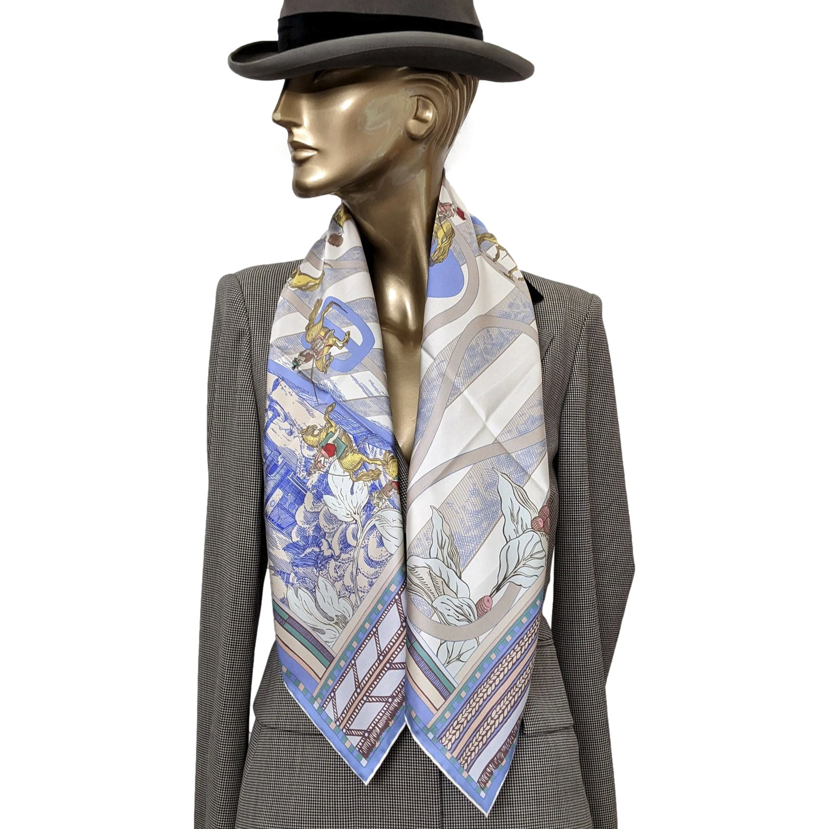 Hermes [C205] Creme/Vert/Rose "Passades et Serpentines" by Virginie Jamin Double Face Twill Scarf 90 cm