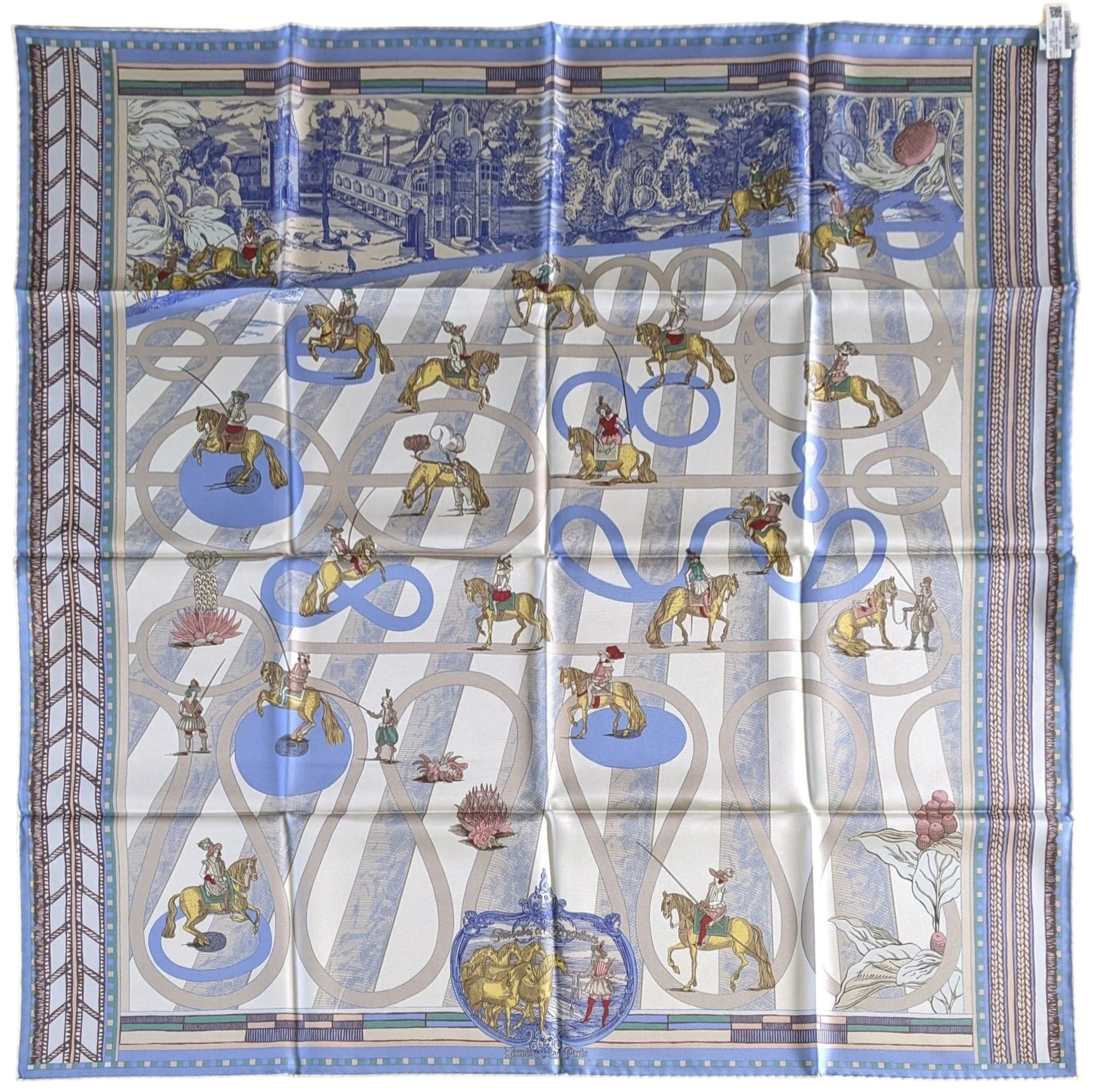 Hermes [C205] Creme/Vert/Rose "Passades et Serpentines" by Virginie Jamin Double Face Twill Scarf 90 cm
