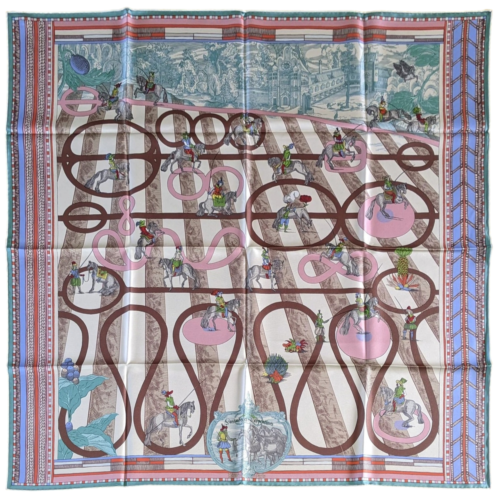 Hermes [C205] Creme/Vert/Rose "Passades et Serpentines" by Virginie Jamin Double Face Twill Scarf 90 cm
