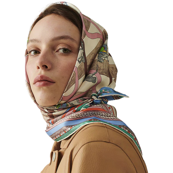 Hermes [C205] Creme/Vert/Rose "Passades et Serpentines" by Virginie Jamin Double Face Twill Scarf 90 cm