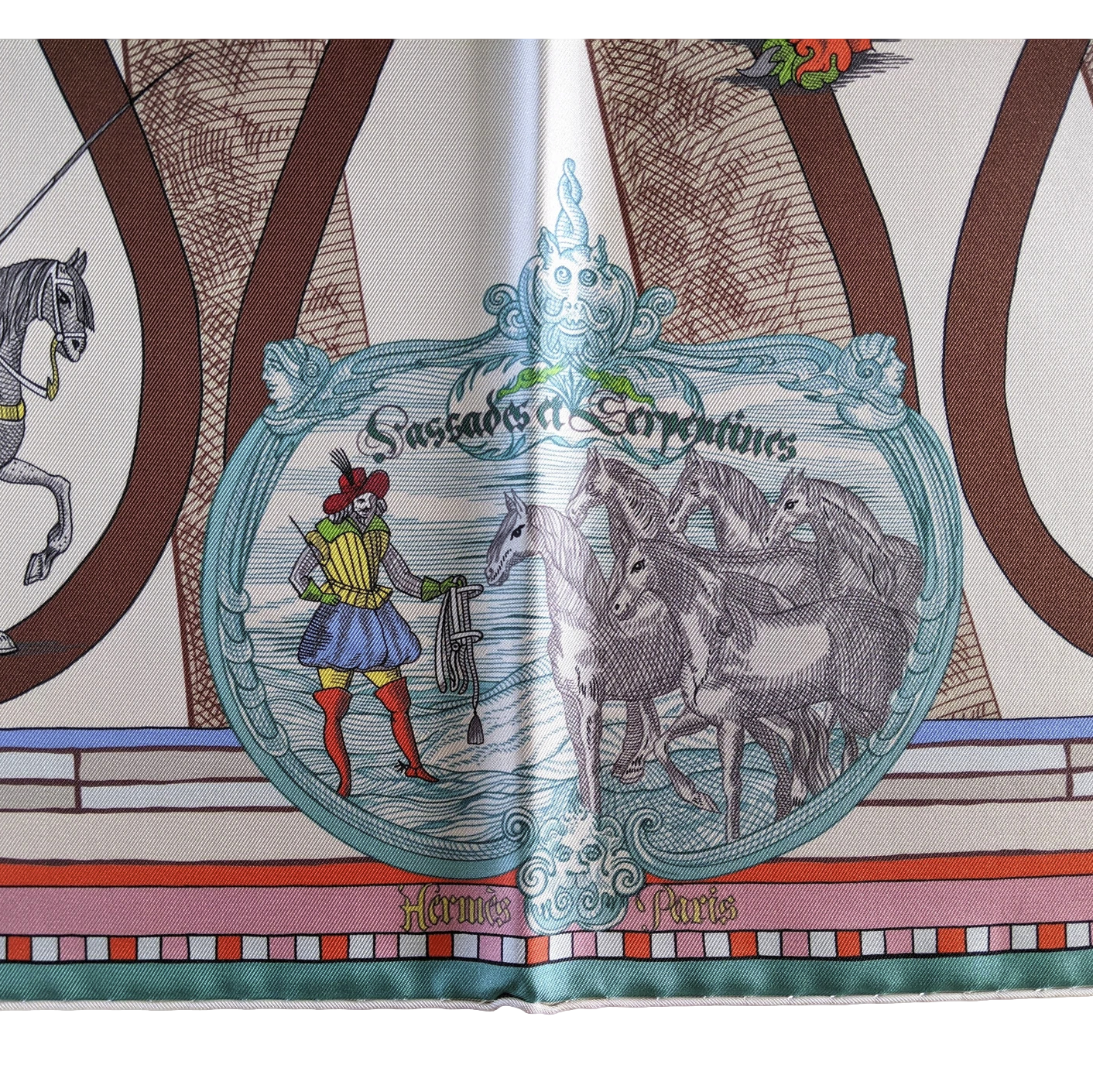 Hermes [C205] Creme/Vert/Rose "Passades et Serpentines" by Virginie Jamin Double Face Twill Scarf 90 cm