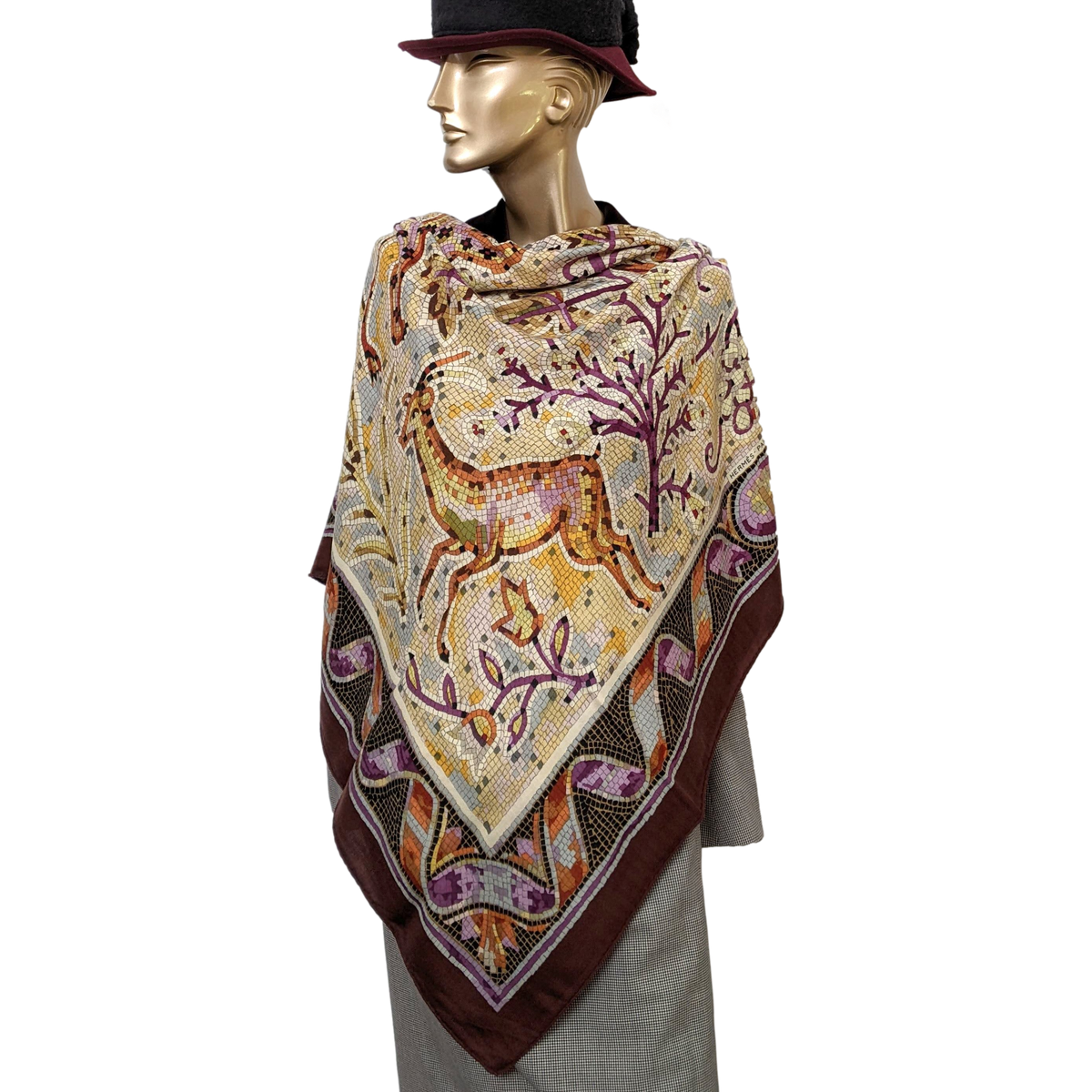 Hermes GRAIL 2003 Burgundy " Pavement " Mosaics Cashmere Shawl 140