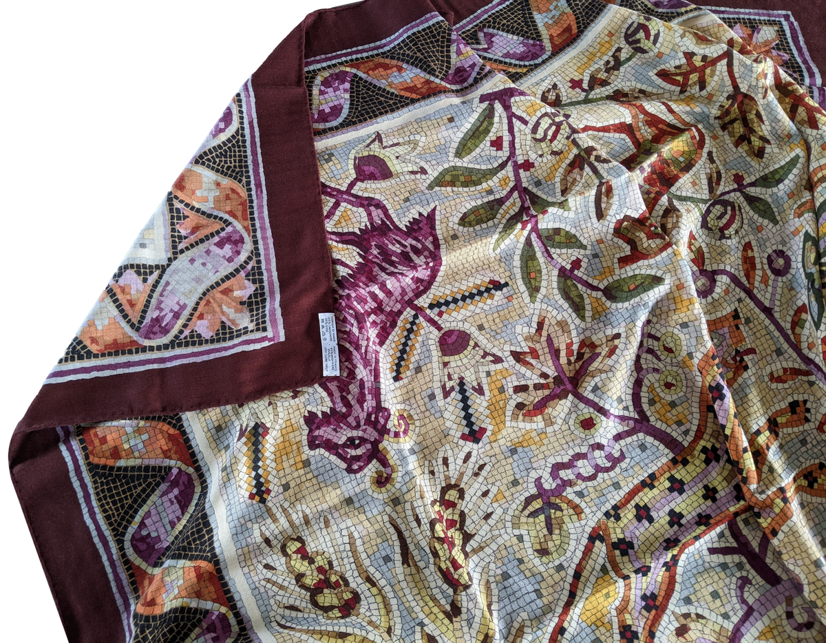 Hermes GRAIL 2003 Burgundy " Pavement " Mosaics Cashmere Shawl 140